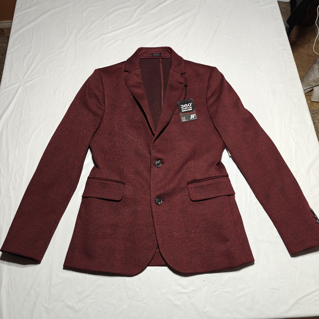 J. Ferrar Slim 360 Stretch Burgundy Mini Check Suit Jacket Size S 34/36 Nwt